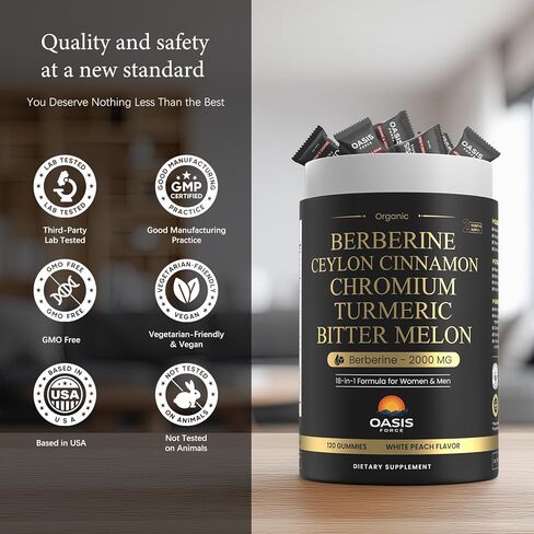 2000 ملغ من مكمل علكات البربرين، حمض الهيدروكلوريك البربارين مع قرفة سيلان، الكروم، شوك الحليب العضوي للنساء والرجال، دعم التمثيل الغذائي، منشط التمثيل الغذائي AMPK، خالي من السكر، نباتي، كمية تكفي 60 يومًا in Kuwait