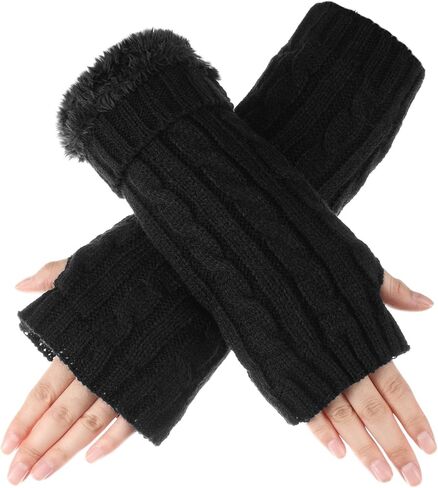 1 Pair Black Arm Warmers for Woman Knit Fingerless Gloves Fleece Lined Arm Sleeves with Thumbhole, Long Cozy Mittens for Cold Weather Outdoor Indoor Use in Saudi Arabia