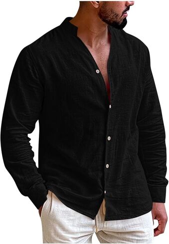 Mens Banded Collar Cotton Linen Shirts Casual Short Sleeve Button Down Shirts Slim Fit Summer Beach Tops with Pocket in Saudi Arabia
