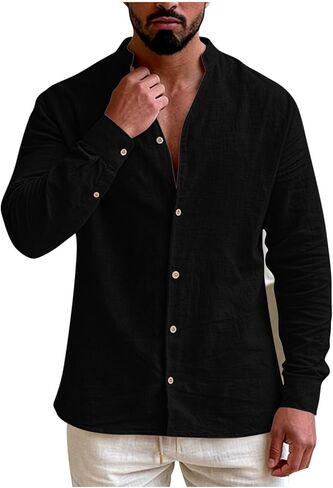 Mens Banded Collar Cotton Linen Shirts Casual Short Sleeve Button Down Shirts Slim Fit Summer Beach Tops with Pocket in Saudi Arabia