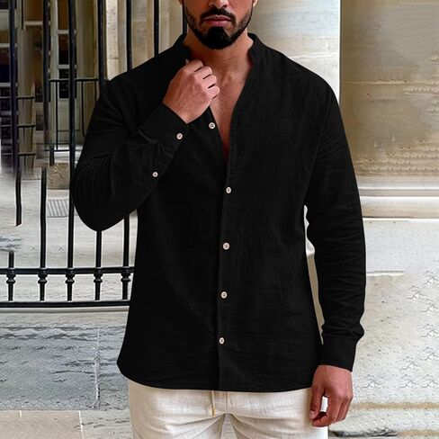 Mens Banded Collar Cotton Linen Shirts Casual Short Sleeve Button Down Shirts Slim Fit Summer Beach Tops with Pocket in Saudi Arabia