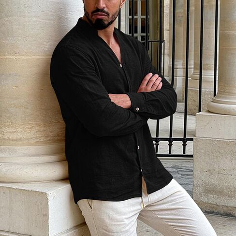 Mens Banded Collar Cotton Linen Shirts Casual Short Sleeve Button Down Shirts Slim Fit Summer Beach Tops with Pocket in Saudi Arabia