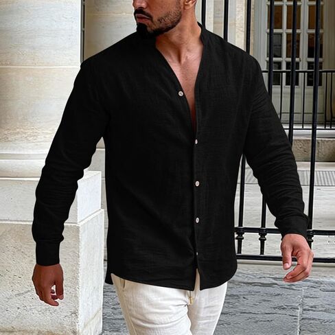 Mens Banded Collar Cotton Linen Shirts Casual Short Sleeve Button Down Shirts Slim Fit Summer Beach Tops with Pocket in Saudi Arabia