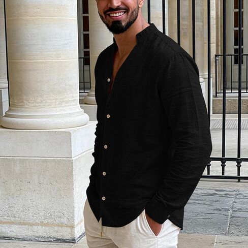 Mens Banded Collar Cotton Linen Shirts Casual Short Sleeve Button Down Shirts Slim Fit Summer Beach Tops with Pocket in Saudi Arabia