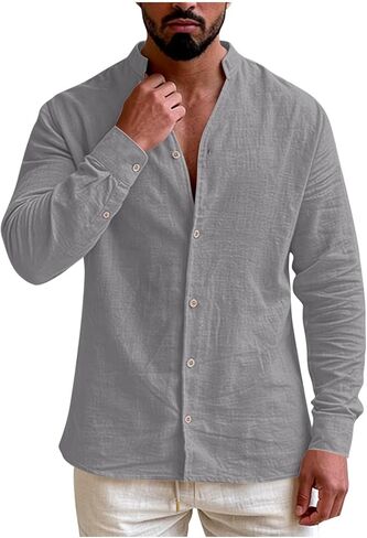 Mens Banded Collar Cotton Linen Shirts Casual Short Sleeve Button Down Shirts Slim Fit Summer Beach Tops with Pocket in Saudi Arabia
