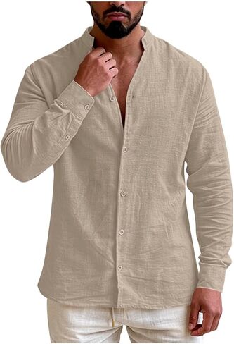 Mens Banded Collar Cotton Linen Shirts Casual Short Sleeve Button Down Shirts Slim Fit Summer Beach Tops with Pocket in Saudi Arabia