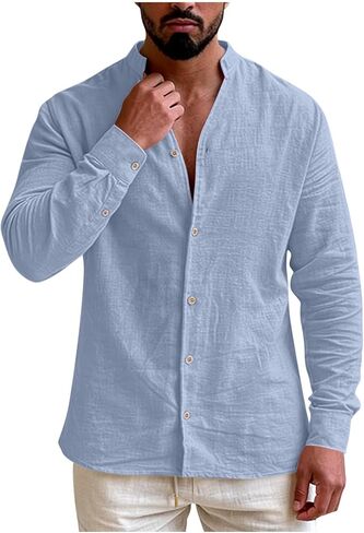 Mens Banded Collar Cotton Linen Shirts Casual Short Sleeve Button Down Shirts Slim Fit Summer Beach Tops with Pocket in Saudi Arabia