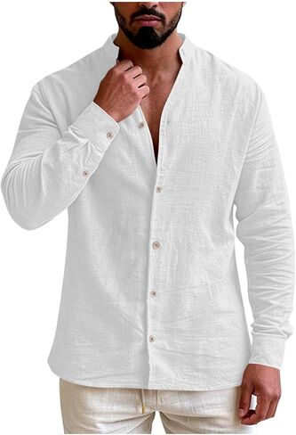 Mens Banded Collar Cotton Linen Shirts Casual Short Sleeve Button Down Shirts Slim Fit Summer Beach Tops with Pocket in Saudi Arabia
