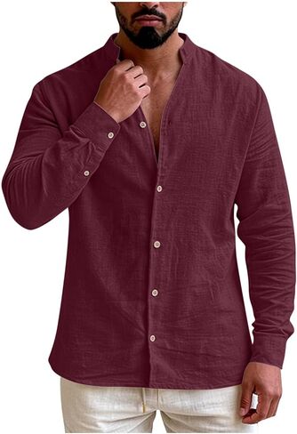 Mens Banded Collar Cotton Linen Shirts Casual Short Sleeve Button Down Shirts Slim Fit Summer Beach Tops with Pocket in Saudi Arabia