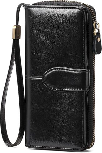 Genuine Leather Wallet for Women RFID Blocking Clutch Wristlet Purse Large Capacity Zip Around (Black01) in Saudi Arabia