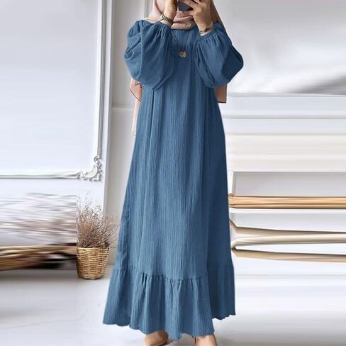Women's Muslim Long Skirt Round Neck Solid Color Ruffle Hem Dress L Size Women's Long Robe 54.3 inches, Blue in Saudi Arabia