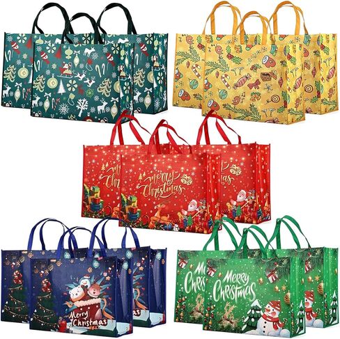 10PCS Giant Christmas Gift Bags,Christmas Tote Bags with Handles, Grocery Bags, Multifunctional Non-Woven Christmas Tote Bags for Gifts Wrapping Shopping, Xmas Party Supplies, 21.26"×15.75"×7.9" in Kuwait