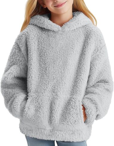 Girls Fuzzy Fleece Pullover Hoodies Loose Sweatshirt with Pockets Outwear Coat Casual Tops in Saudi Arabia
