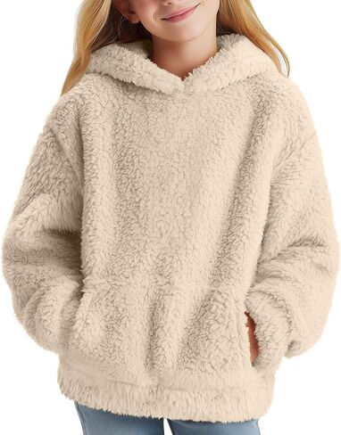 Girls Fuzzy Fleece Pullover Hoodies Loose Sweatshirt with Pockets Outwear Coat Casual Tops in Saudi Arabia