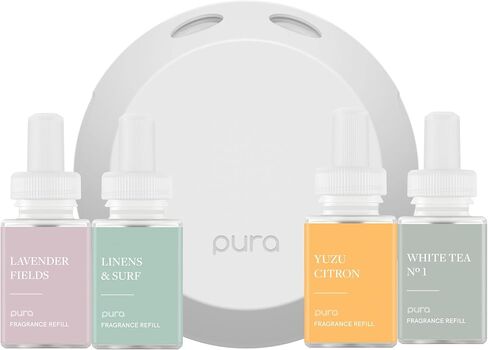 مجموعة عطر المنزل الذكي 4 من بورا - موزع رائحة للمنزل - البياضات وركوب الأمواج، حقول اللافندر، الشاي الأبيض رقم 1، رائحة يوزو سيترون in Saudi Arabia