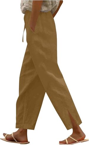 Womens Elastic High Waist Cotton Pants Loose Fit Drawstring Wide Leg Lounge Pants 2025 Fashion Palazzo Capris in Saudi Arabia