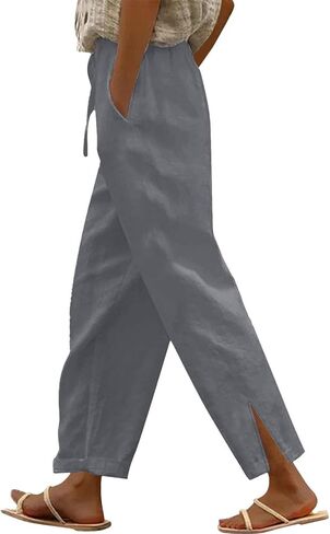 Womens Elastic High Waist Cotton Pants Loose Fit Drawstring Wide Leg Lounge Pants 2025 Fashion Palazzo Capris in Saudi Arabia