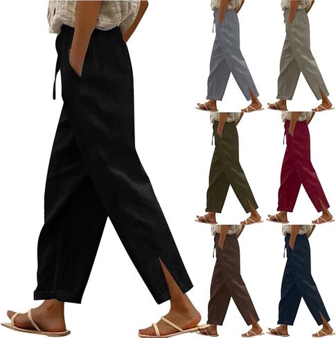 Womens Elastic High Waist Cotton Pants Loose Fit Drawstring Wide Leg Lounge Pants 2025 Fashion Palazzo Capris in Saudi Arabia