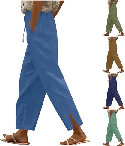 Womens Elastic High Waist Cotton Pants Loose Fit Drawstring Wide Leg Lounge Pants 2025 Fashion Palazzo Capris in Saudi Arabia