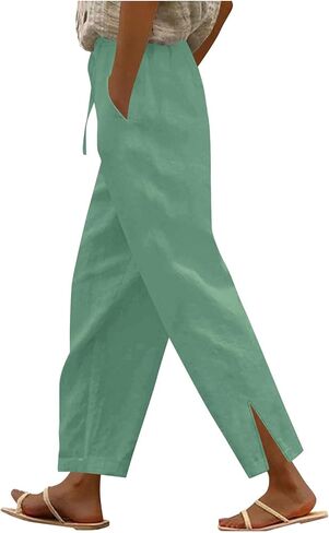 Womens Elastic High Waist Cotton Pants Loose Fit Drawstring Wide Leg Lounge Pants 2025 Fashion Palazzo Capris in Saudi Arabia