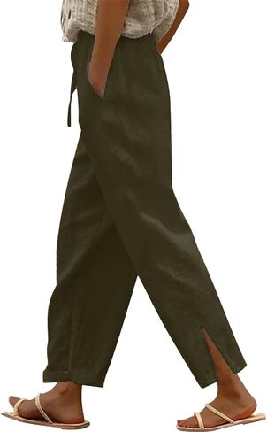 Womens Elastic High Waist Cotton Pants Loose Fit Drawstring Wide Leg Lounge Pants 2025 Fashion Palazzo Capris in Saudi Arabia