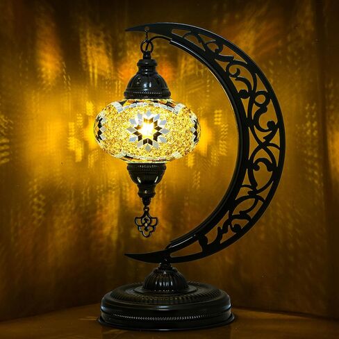 mozaist Turkish Lamp, Unique Lamps, Moon Shaped Mosaic Table Lamp, Moroccan Handmade Antique Bohemian Vintage Lamp Shade, Tiffany Desk Bedside Stained Glass Lamp with US Plug and E12 Socket in Saudi Arabia