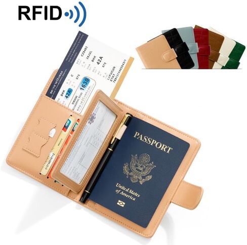 حامل جواز سفر من الجلد الفاخر وحامل بطاقات التطعيم وجواز السفر مع خاصية حجب RFID - محفظة سفر للتخزين الآمن (أحمر) in Kuwait