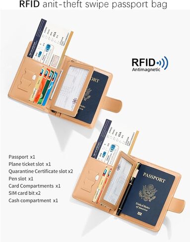 حامل جواز سفر من الجلد الفاخر وحامل بطاقات التطعيم وجواز السفر مع خاصية حجب RFID - محفظة سفر للتخزين الآمن (أحمر) in Kuwait