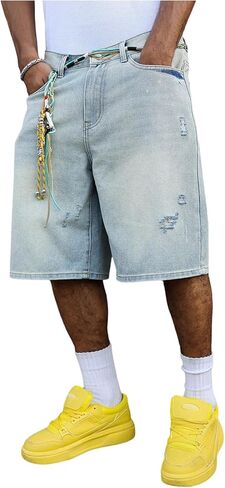 شورت جينز ممزق رجالي من OYOANGLE فضفاض Y2K Jorts سحاب يطير مستقيم الساق من قماش الدنيم مع جيب ملابس الشارع in Saudi Arabia