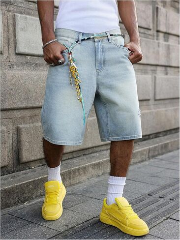 شورت جينز ممزق رجالي من OYOANGLE فضفاض Y2K Jorts سحاب يطير مستقيم الساق من قماش الدنيم مع جيب ملابس الشارع in Saudi Arabia