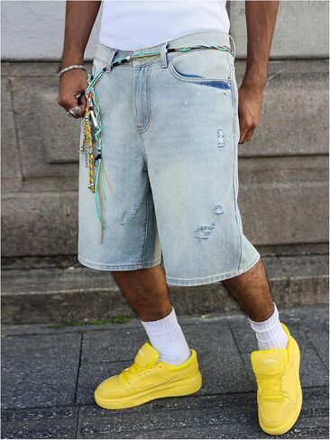 شورت جينز ممزق رجالي من OYOANGLE فضفاض Y2K Jorts سحاب يطير مستقيم الساق من قماش الدنيم مع جيب ملابس الشارع in Saudi Arabia