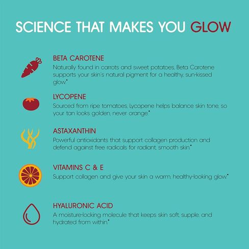 علكات التسمير مع أستازانتين وبيتا كاروتين وفيتامين ج وفيتامين هـ - دعم طبيعي للبشرة، تركيبة خالية من السكر، نباتية، غير معدلة وراثيًا، 60 علكة لبشرة صحية متألقة in Kuwait