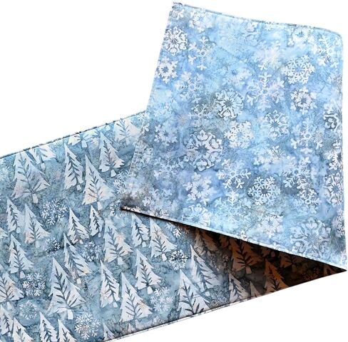 Reversible Winter Table Runner - Batik of Pine Trees and Pine Boughs - Metallic Snowflakes - Blue Holiday Decor - 14 x 43 Inches - Handmade Christmas Gift by Green Acorn Kitchen in Kuwait