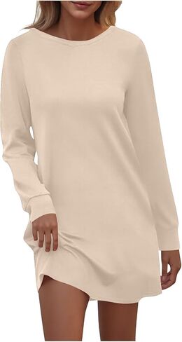 Women's Long Sleeve Tunic Dress Crew Neck Mini Dresses Casual Loose Solid Color Pajama Dress Fall Clothes Outfits in Saudi Arabia
