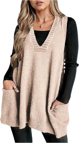 SHENHE Women's Plus Size V Neck Sleeveless Loose Knit Overall Sweater Vest Dress with Pockets in Kuwait