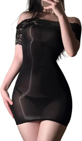 Women's Shiny Bodystocking Lace Sexy Body Lingerie Dress Bodystocking Off the Shoulder Bodysuit Nightdress in Saudi Arabia