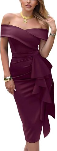 Women's Off The Shoulder Formal Evening Midi Dress Built-in Bra Bodycon Ruched Slit Elegant Holiday Cocktail Party in Saudi Arabia