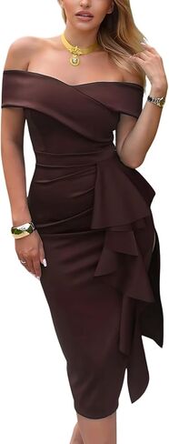 Women's Off The Shoulder Formal Evening Midi Dress Built-in Bra Bodycon Ruched Slit Elegant Holiday Cocktail Party in Saudi Arabia