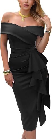 Women's Off The Shoulder Formal Evening Midi Dress Built-in Bra Bodycon Ruched Slit Elegant Holiday Cocktail Party in Saudi Arabia