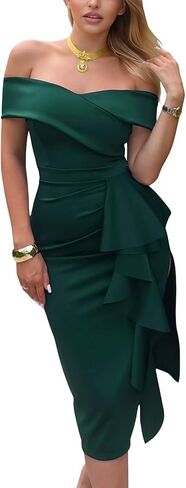 Women's Off The Shoulder Formal Evening Midi Dress Built-in Bra Bodycon Ruched Slit Elegant Holiday Cocktail Party in Saudi Arabia