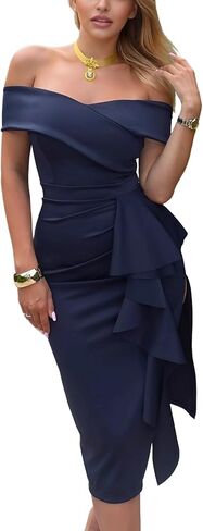 Women's Off The Shoulder Formal Evening Midi Dress Built-in Bra Bodycon Ruched Slit Elegant Holiday Cocktail Party in Saudi Arabia