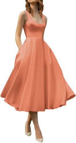 Vintage Wedding Dresses for Bride Tea Length A Line Prom Dress with Pockets Scoop Neck Formal Bridal Reception Gown in Kuwait