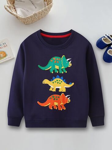 Boys' Sweatshirt Embroidered With Dinosaur Pattern Navy Blue Long Sleeved Cotton Pullover, Suitable For Autumn 2-7Y in Saudi Arabia