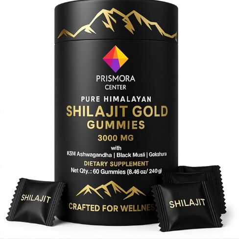 Pure Himalayan Shilajit Gold Gummies 3000 mg – with Ashwagandha, Black Musli, Gokshura, Ginger & Fulvic Acid – 60 Vegan Gummies, Pectin-Based, Gelatin-Free, Non-GMO in Saudi Arabia