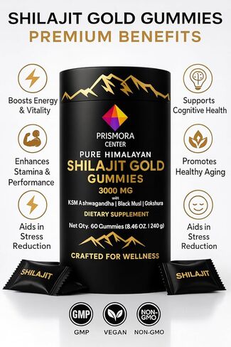 Pure Himalayan Shilajit Gold Gummies 3000 mg – with Ashwagandha, Black Musli, Gokshura, Ginger & Fulvic Acid – 60 Vegan Gummies, Pectin-Based, Gelatin-Free, Non-GMO in Saudi Arabia