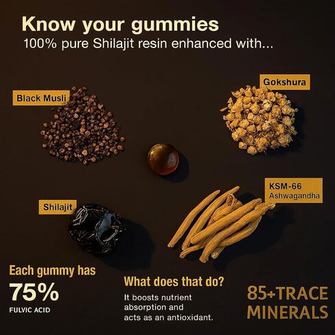 Pure Himalayan Shilajit Gold Gummies 3000 mg – with Ashwagandha, Black Musli, Gokshura, Ginger & Fulvic Acid – 60 Vegan Gummies, Pectin-Based, Gelatin-Free, Non-GMO in Saudi Arabia