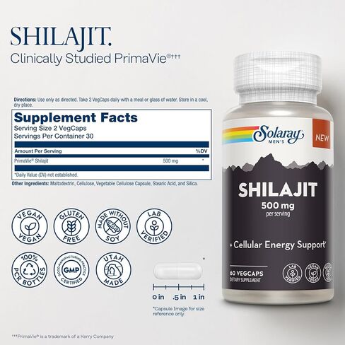SOLARAY Shilajit 500 mg, PrimaVie (R) Himalayan Shilajit for Men, Adaptogenic Cellular Energy Support, Men’s Health Supplement, Vegan, Gluten Free, 60-Day Guarantee - 30 Servings, 60 VegCaps in Saudi Arabia