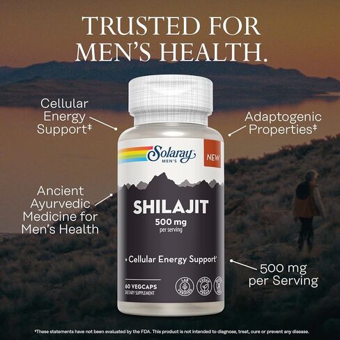 SOLARAY Shilajit 500 mg, PrimaVie (R) Himalayan Shilajit for Men, Adaptogenic Cellular Energy Support, Men’s Health Supplement, Vegan, Gluten Free, 60-Day Guarantee - 30 Servings, 60 VegCaps in Saudi Arabia