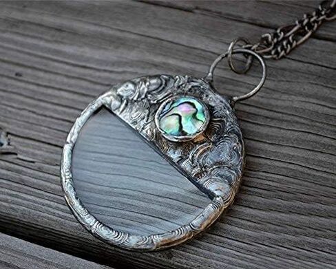Magnifying Glass Necklace for Women, Real Abalone Shell Inset, Mother of Pearl Accent, Handmade Magnifier Jewelry, Quality Glass Pendant, Artisan Hand Crafted by Bayou Glass Arts in Saudi Arabia