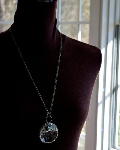 Magnifying Glass Necklace for Women, Real Abalone Shell Inset, Mother of Pearl Accent, Handmade Magnifier Jewelry, Quality Glass Pendant, Artisan Hand Crafted by Bayou Glass Arts in Saudi Arabia